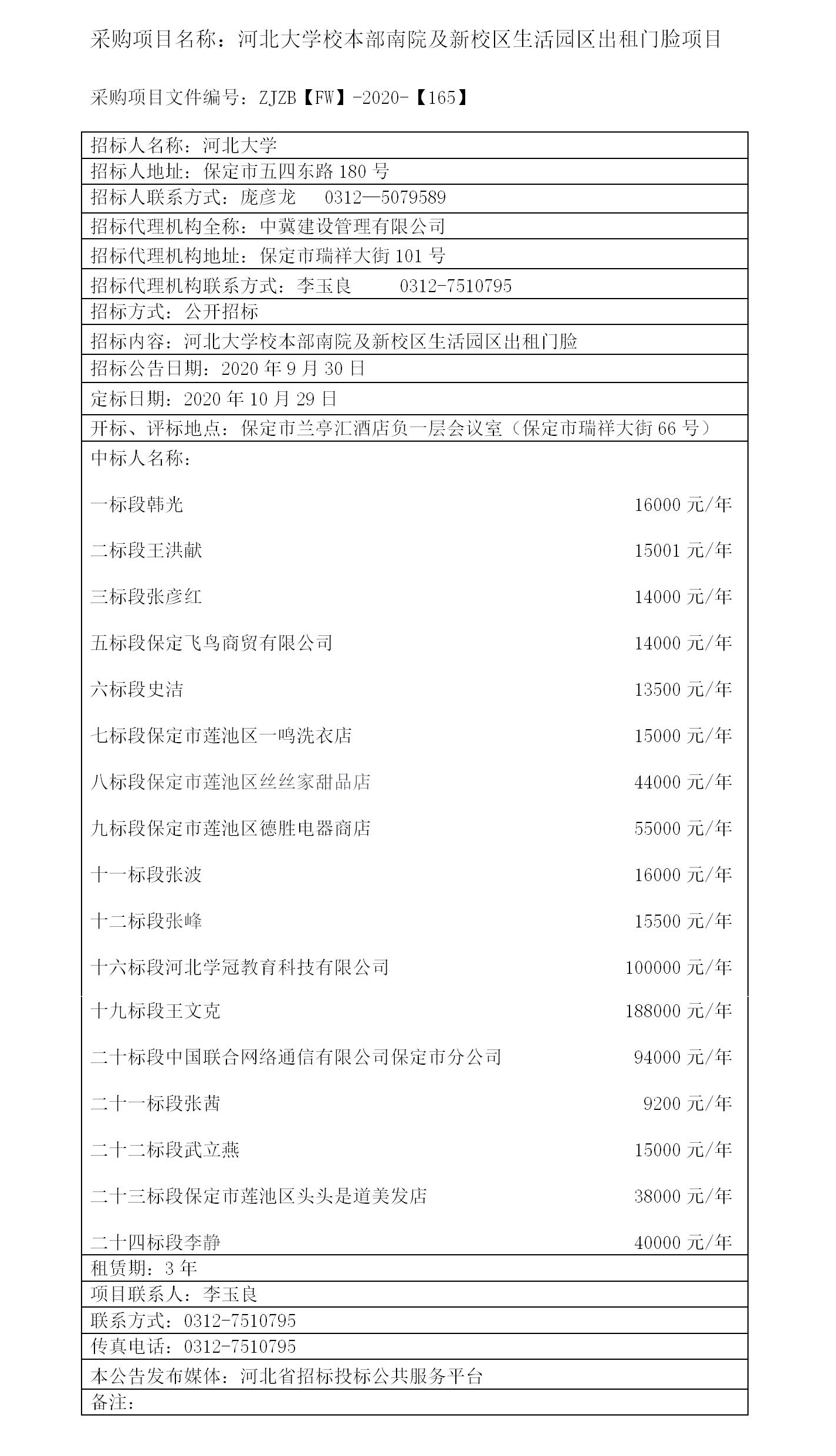 河北大学校本部南院及新校区生活园区出租门脸项目中标公示